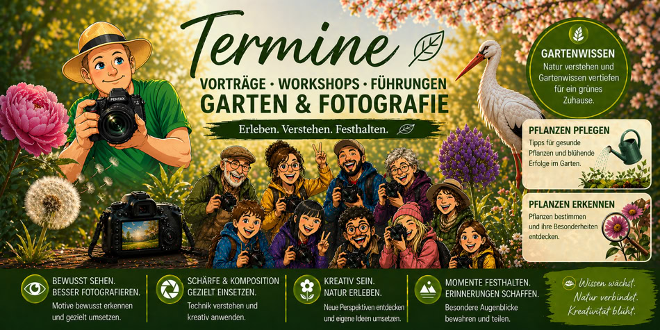 KI-generiert. Illustration von Menschen mit Kameras in einem Garten, umgeben von Blumen und einem Storch. Text über Vorträge, Workshops und Führungen zu Garten und Fotografie.